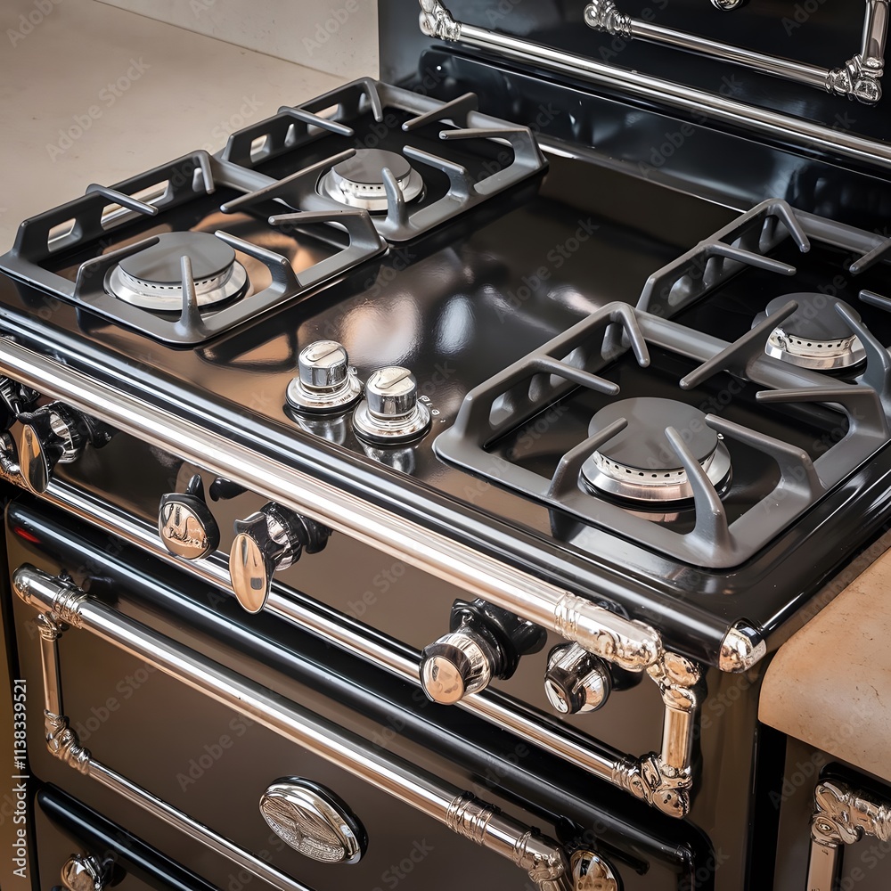 A photo of a default gas stove with four burners. The stove has black enamel coating and chrome plated legs. A photo of a default gas stove with four burners. The stove has black enamel coating and chrome plated legs.