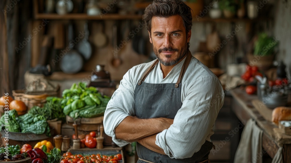Rustic Portrait of a Chef in a Cozy Countryside Kitchen Surrounded by Fresh Vegetables, Wooden Surfaces, and Vintage Cookware in Warm Natural Lighting Rustic Portrait of a Chef in a Cozy Countryside Kitchen Surrounded by Fresh Vegetables, Wooden Surfaces, and Vintage Cookware in Warm Natural Lighting