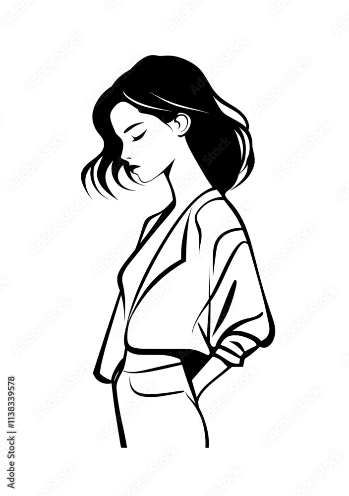 A generative AI illustration of a woman in a blazer and shorts, showcasing vintage charm and elegance, designed as a fictional character in a PNG format. Scratch board imitation, black and white A generative AI illustration of a woman in a blazer and shorts, showcasing vintage charm and elegance, designed as a fictional character in a PNG format. Scratch board imitation, black and white