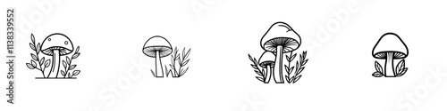 A mushroom amidst foliage, depicting the natural forest setting with intricate line work in a sketch engraving, created by generative AI. PNG illustration in a scratchboard style, black and white.