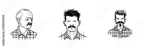 A senior punk man sporting a pompadour and facial tattoos, depicted in a black and white PNG illustration, is sketching an engraving using generative AI. The style imitates scratchboard art.
