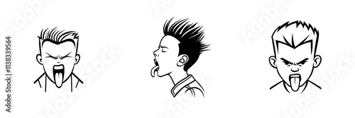 A black and white PNG illustration of a fictional character: a young boy with a vintage hairstyle and a leather jacket, yelling angrily. The image is a generative AI sketch engraving in a scratch