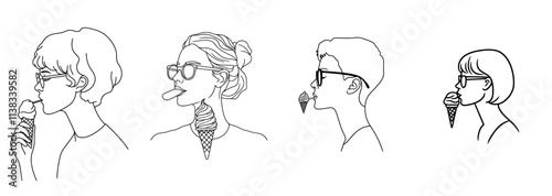 A punk woman with a mohawk and tattoos savors an ice cream cone in this black and white scratchboard-style Stock illustration of a fictional character, depicted in a PNG format.