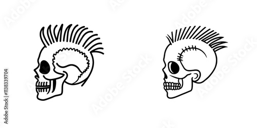 A black and white scratch board imitation sketch engraving of a human skull with a bold spiked mohawk, reflecting punk rock style and rebellious attitude, generated as a PNG illustration using AI.