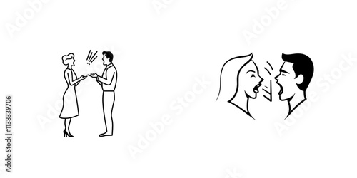 A black and white PNG illustration of a bossy businesswoman, a fictional character, angrily shouting and pointing her finger at a man, created with a scratchboard effect.