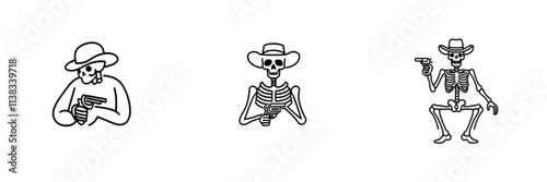 A skeletal gunslinger with a revolver, combining Western and gothic elements in a striking design sketch, engraved as a generative AI PNG illustration. Scratch board imitation. Black and white image.