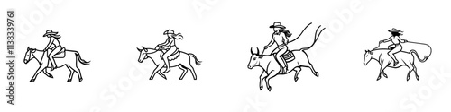A sketch of a pin-up cowgirl riding a bull in full rodeo action, using a lasso, created with generative AI as a fictional character, in a PNG illustration. Scratch board imitation, black and white