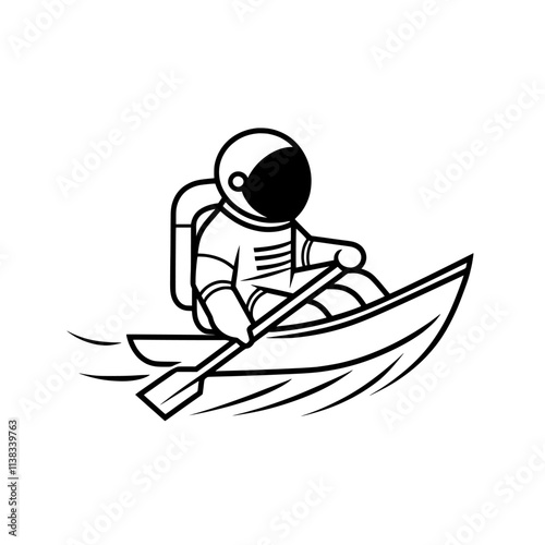 A black and white generative AI illustration featuring an astronaut spaceman rowing in a wooden boat, created in a hand-drawn style with a scratch board effect.