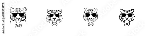 A sophisticated tiger donning sunglasses, a suit, and a bow tie, blending elegance with a daring attitude, depicted in a scratchboard-style engraving illustration, generated by AI in PNG format.