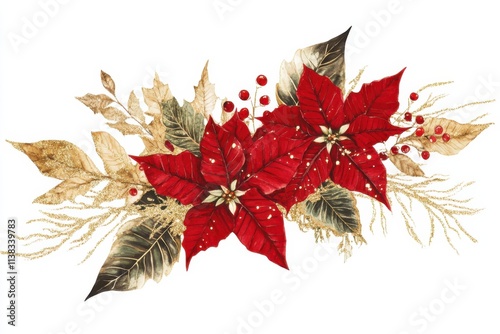 Festive poinsettia bouquet with red blooms, green leaves, and golden glitter, isolated on white background, high resolution photo