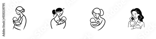 A smiling mother holding her newborn baby, representing love, care, and maternal tenderness, depicted in a sketch engraving generated by AI in PNG format. Scratch board imitation. Black and white
