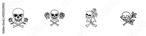 A tattoo design featuring a skull with crossed bones and roses, blending gothic elements with themes of beauty and mortality. This black and white sketch, created with generative AI, is a raster