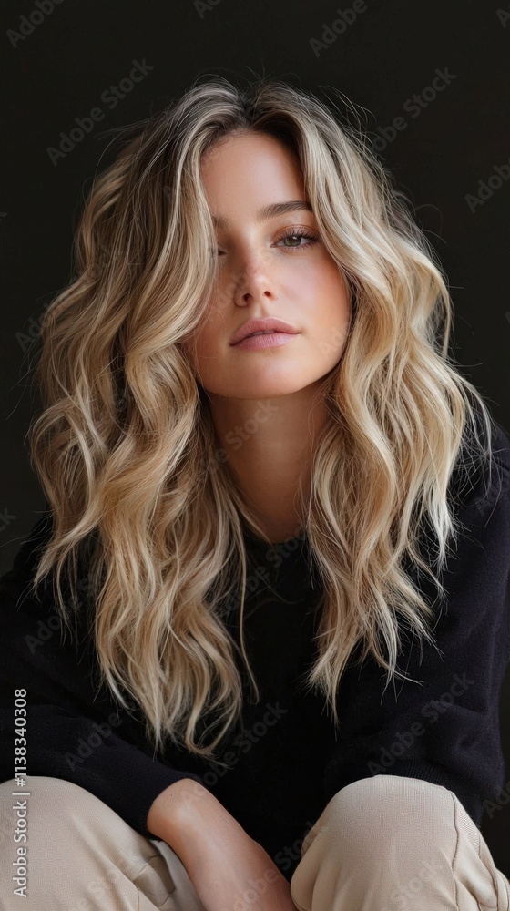 Naklejka premium A dirty blonde hairstyle with darker roots, styled in soft waves.
