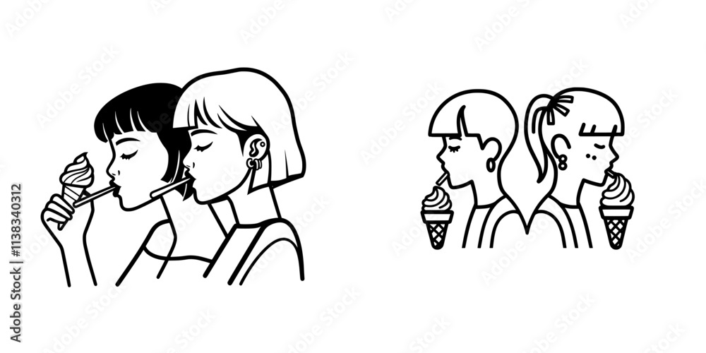 An illustration of two punk women sharing an ice cream cone, styled as an edgy fashion sketch engraving, produced by generative AI, featuring a fictional character in a raster format with a scratch An illustration of two punk women sharing an ice cream cone, styled as an edgy fashion sketch engraving, produced by generative AI, featuring a fictional character in a raster format with a scratch