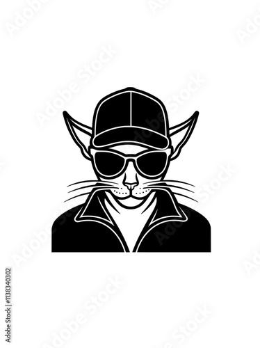 A sketch engraving of a Sphynx cat confidently wearing sunglasses, radiating coolness and attitude, created by AI as a raster illustration. Scratch board imitation. Black and white image.
