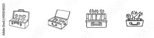 Open toolbox showcasing an array of mechanical tools, depicted in a striking black and white sketch engraving, created with generative AI as a raster illustration. Scratch board imitation. Black and