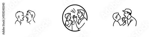 In a black and white raster illustration, an angry man is seen shouting at his little boy, showcasing a dramatic and intense emotional moment, created as a generative AI sketch engraving with a