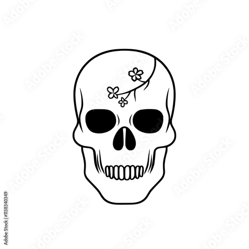 A vintage-style engraved sketch of a human skull decorated with blooming Japanese cherry flowers, combining elements of mortality and beauty in a black and white raster illustration generated by AI.