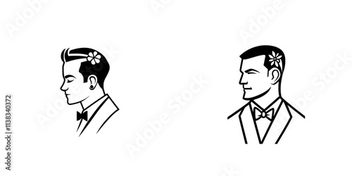 A black and white raster illustration of a punk rocker businessman with a mohawk in a formal suit, representing rebellion and sophistication, created by generative AI as a fictional character. The