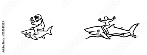 In a whimsical, retro design sketch engraving, a baby gives a thumbs up while riding a shark, blending humor and fantasy. Stock raster illustration. Scratchboard imitation. Black and white image.