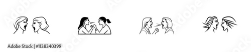 A sketch engraving of a female boss angrily shouting at a female employee, illustrating conflict, frustration, or workplace tension. Stock raster illustration in black and white, imitating scratch