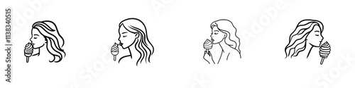 A retro-style sketch of a pin-up woman enjoying an ice cream cone, featuring playful indulgence and elegant charm, created with generative AI as a fictional character in a raster illustration,