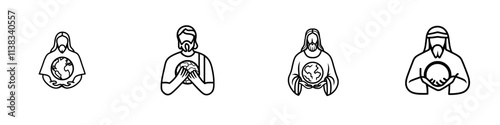 A classic, spiritual style sketch engraving of Jesus Christ, lovingly embracing the Earth, symbolizing compassion, unity, and care for the world, created in black and white as a generative AI raster