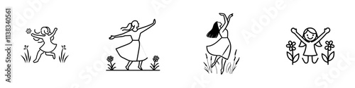 A carefree, smiling little girl runs with open arms, embodying the joy and innocence of childhood in a black and white generative AI raster illustration, created with an engraving sketch style.