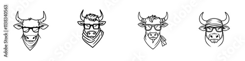 A sketch engraving of a bull in sunglasses, a bowtie, and a leather jacket, showcasing a stylish and rebellious look, created with generative AI as a raster illustration. The image mimics scratch