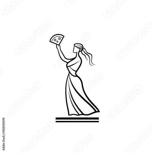 A classical Greek-style statue of a woman holding a slice of pizza, fusing ancient art with modern pop culture, is depicted in a playful, creative design sketch engraving. This black and white image
