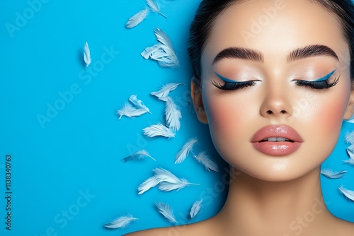 A whimsical scene of long, elegant eyelashes transforming into feathers, fluttering in the wind