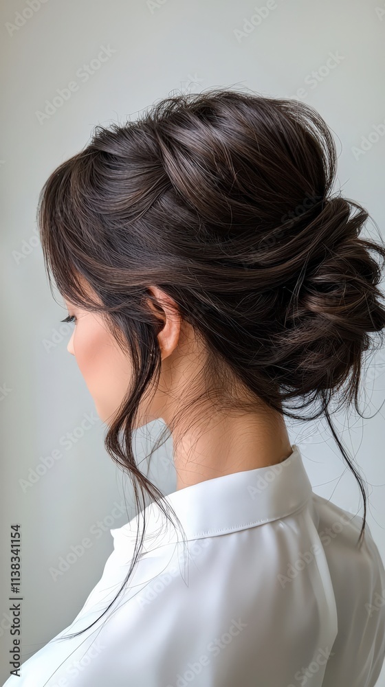A dark brown hairstyle in a bun, highlighting the rich color under lighting. A dark brown hairstyle in a bun, highlighting the rich color under lighting.