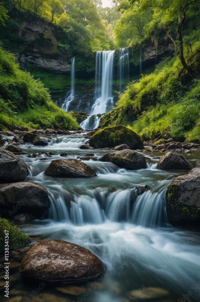 Obraz premium A mesmerizing waterfall cascades into a tranquil stream, surrounded by lush greenery, creating a serene natural landscape