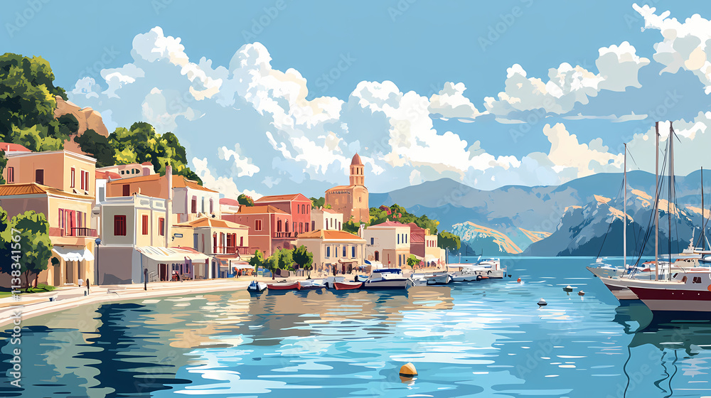 Panoramic view of megisti harbour and sea port in kastellorizo, dodecanese, greece , kastellorizo, greek island. Haven. Illustration Panoramic view of megisti harbour and sea port in kastellorizo, dodecanese, greece , kastellorizo, greek island. Haven. Illustration