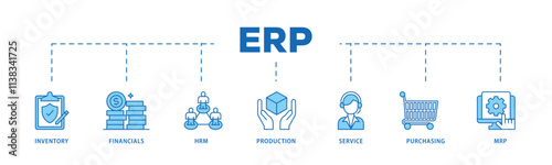 ERP infographic icon flow process which consists of inventory, financials, hrm, production, service, purchasing, and mrp icon live stroke and easy to edit .