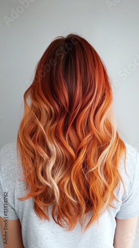 A copper ombre hairstyle blending into soft auburn ends.