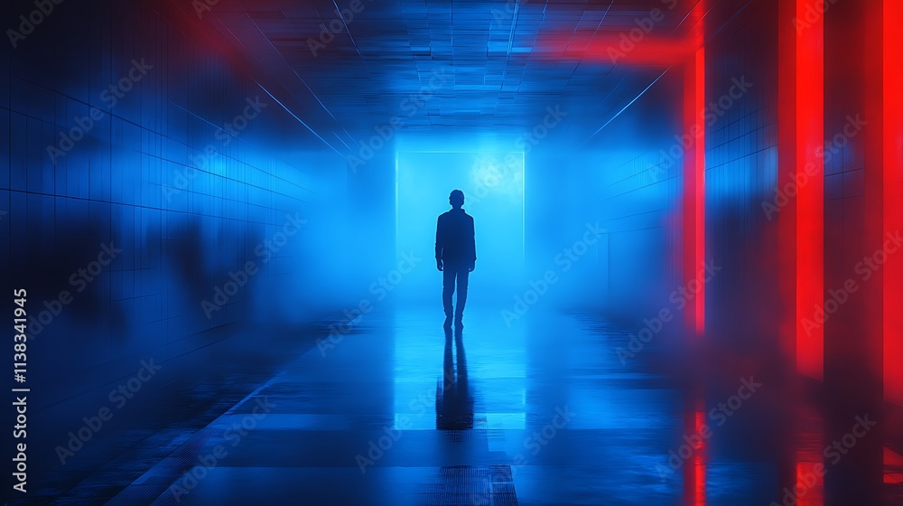 Silhouetted Figure Walking Down Neon Lit Corridor Silhouetted Figure Walking Down Neon Lit Corridor
