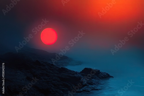 sunset over the sea with red moon 
