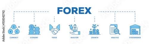 Forex infographic icon flow process which consists of currency, economy, trade, investor, growth, analysis and stockbroker icon live stroke and easy to edit .