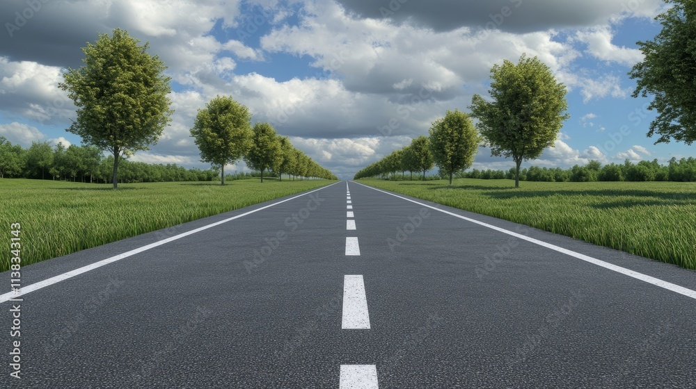 Fototapeta premium A Serene Drive Through Lush Green Fields Beneath a Expansive Sky with Cloudy Patterns