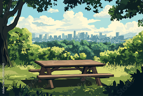City park with place for picnic background. Wooden table bench view of city skyscrapers on the backdrop. Green trees bushes grass summer. blue sky with white clouds sunny day. Cartoon style vector