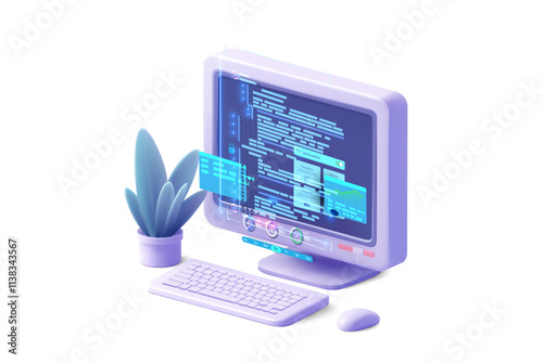 A stylish computer setup features a purple monitor displaying coding text, a keyboard, mouse, and a decorative plant. The scene conveys a contemporary workspace vibe. Vector illustration