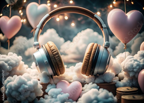 A pair of headphones with Heart Balloons and Clouds generative ai