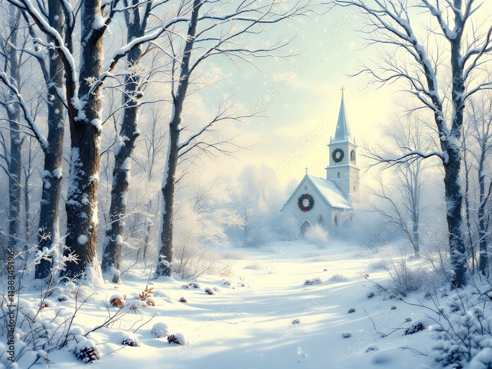church in winter background of snow and blurred forest in background, Gently falling snow flakes against blue sky church in winter background of snow and blurred forest in background, Gently falling snow flakes against blue sky