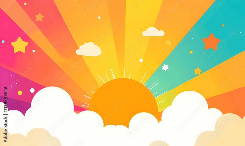 A vibrant sunrise with colorful rays, clouds, and stars, evoking positivity and joy. A vibrant sunrise with colorful rays, clouds, and stars, evoking positivity and joy.