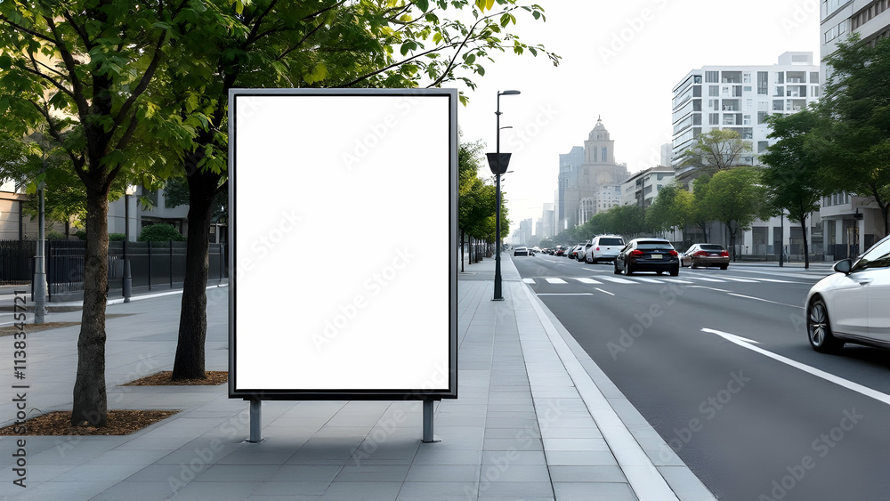 A large blank billboard stands on a city sidewalk, next to a street with cars and trees. Modern buildings form the backdrop. Perfect for advertising mockups. A large blank billboard stands on a city sidewalk, next to a street with cars and trees. Modern buildings form the backdrop. Perfect for advertising mockups.