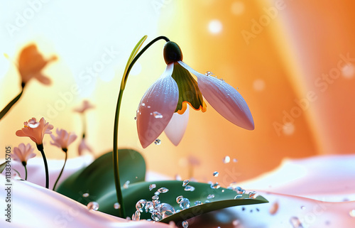 Snowdrop flower blooming in spring with water drops