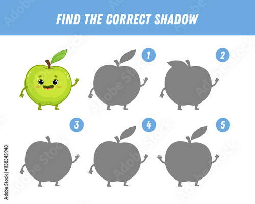 Find correct shadow of apple. Educational logical game for kids. Funny fruit. Cartoon green apple character. Vector

