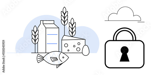 Milk carton, cheese block, fish, egg, and wheat stalks alongside a lock icon representing security. Ideal for nutrition, food safety, diet planning, sustainable farming health awareness secure photo