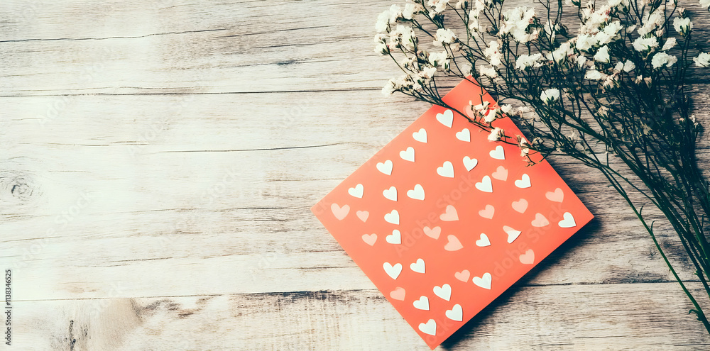 Obraz premium A red card adorned with white hearts beside delicate flowers on a wooden surface.